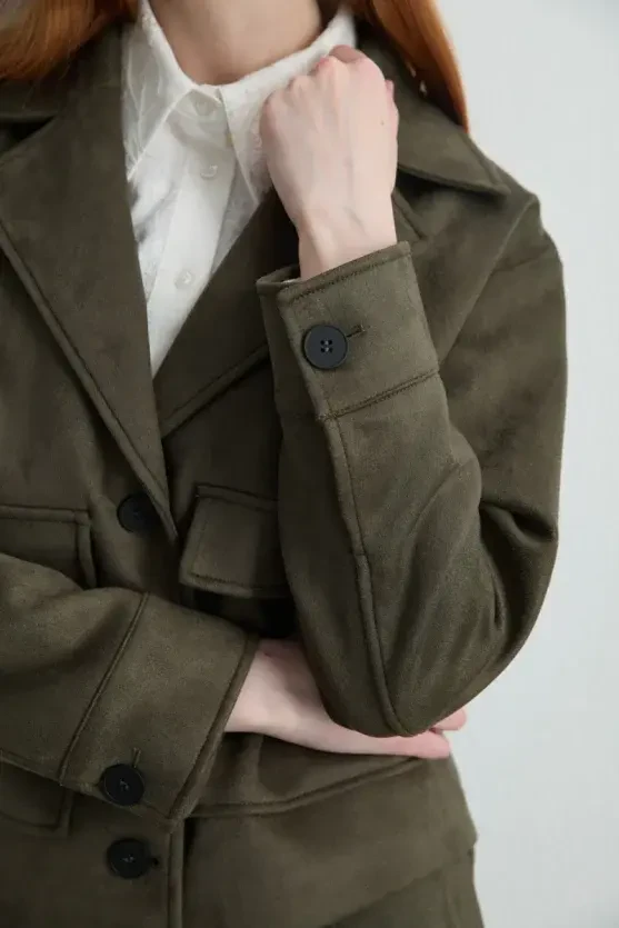 Pocketed Suede Jacket - Khaki - 3