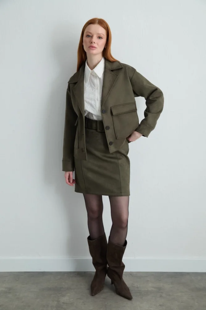 Pocketed Suede Jacket Khaki Khaki