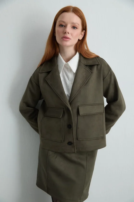 Pocketed Suede Jacket Khaki - 2