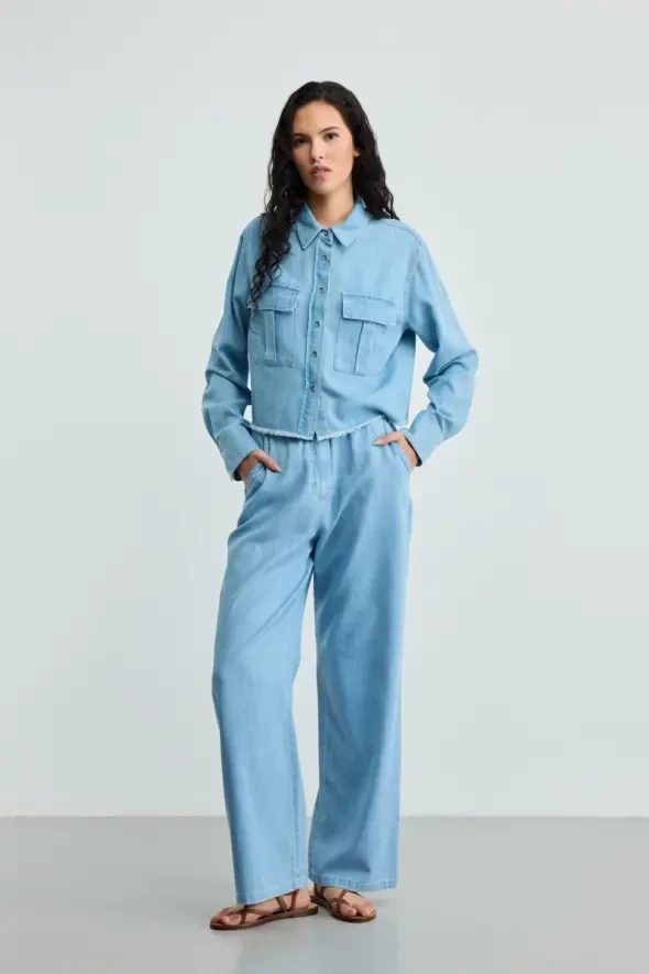 Pocketed Tencel Denim Shirt - Blue - 2
