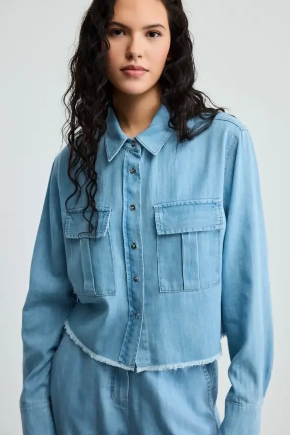 Pocketed Tencel Denim Shirt - Blue - 1
