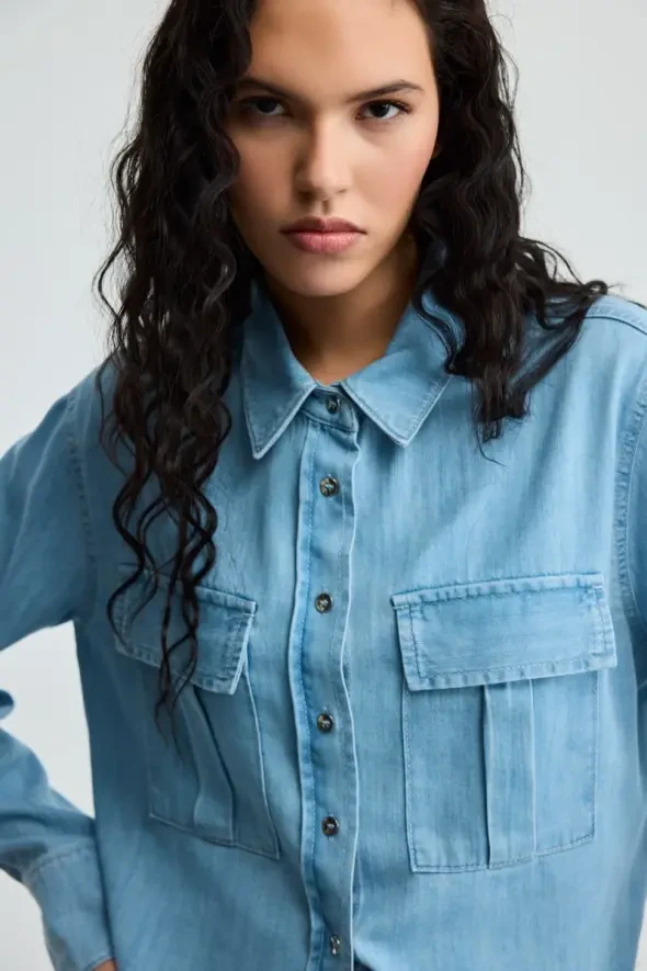 Pocketed Tencel Denim Shirt - Blue - 3