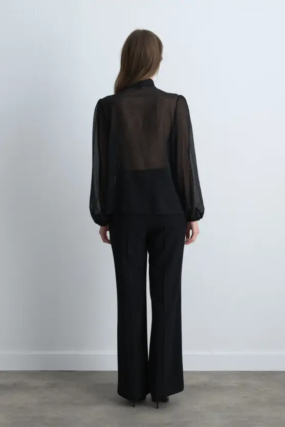 Polka Dot Flocked Scarf Blouse - Black - Gusto