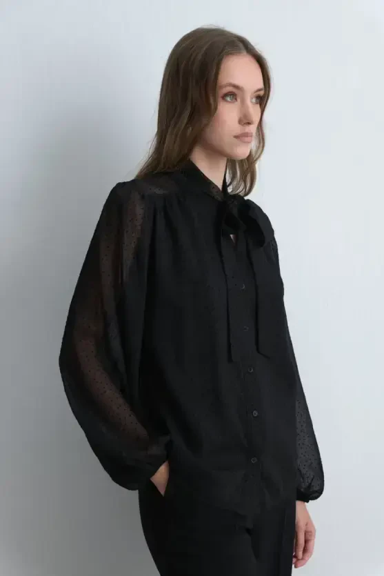 Polka Dot Flocked Scarf Blouse - Black - Gusto