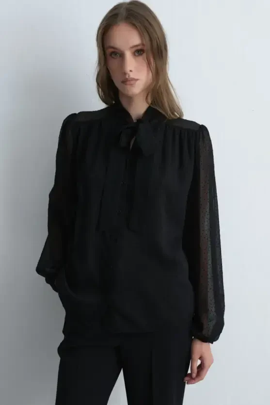 Polka Dot Flocked Scarf Blouse - Black - 4