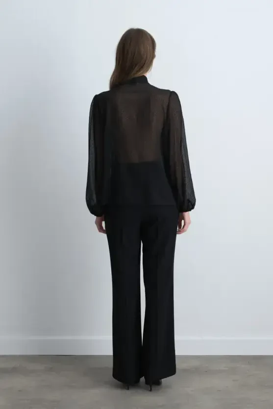 Polka Dot Flocked Scarf Blouse - Black - Gusto