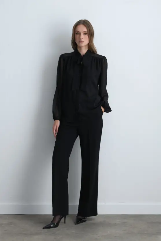 Polka Dot Flocked Scarf Blouse Black - Gusto