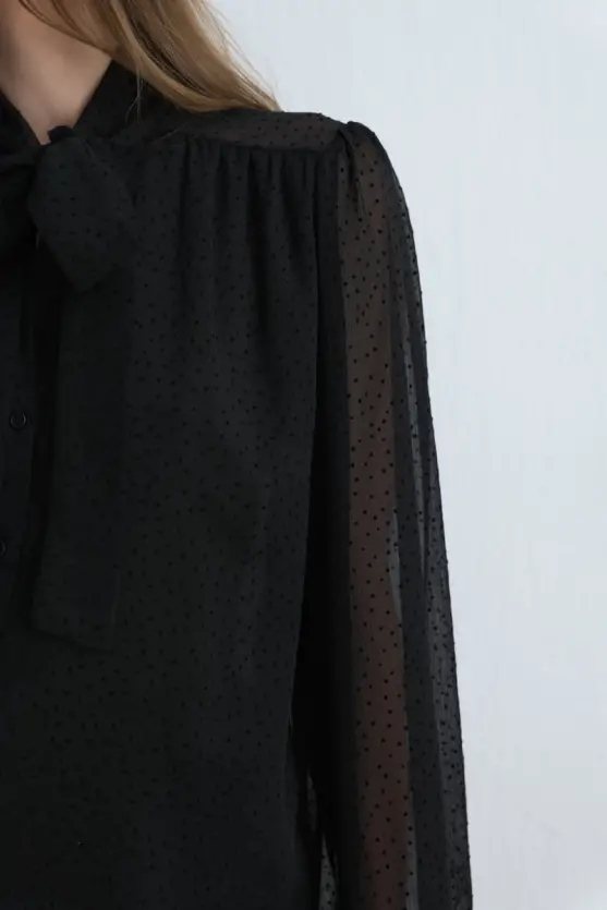 Polka Dot Flocked Scarf Blouse Black - Gusto