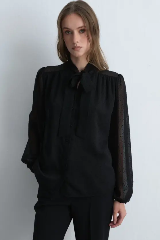 Polka Dot Flocked Scarf Blouse Black - 4