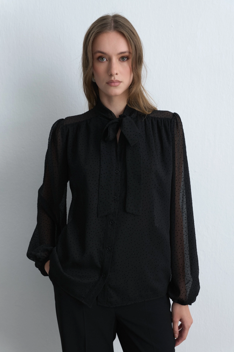 Polka Dot Flocked Scarf Blouse Black - 1