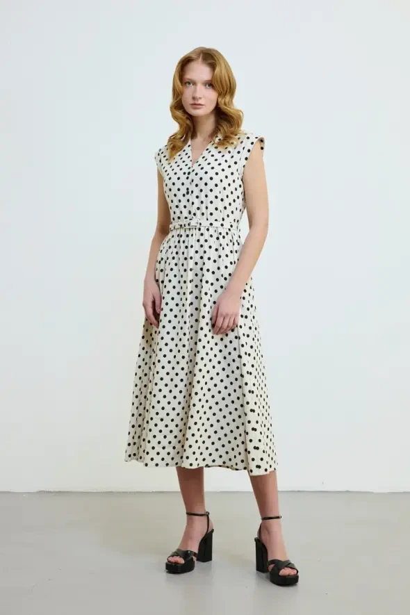 Polka Dot Linen Belted Long A-Line Dress - Beige - 1