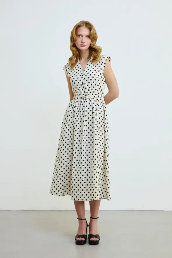 Polka Dot Linen Belted Long A-Line Dress - Beige - 3