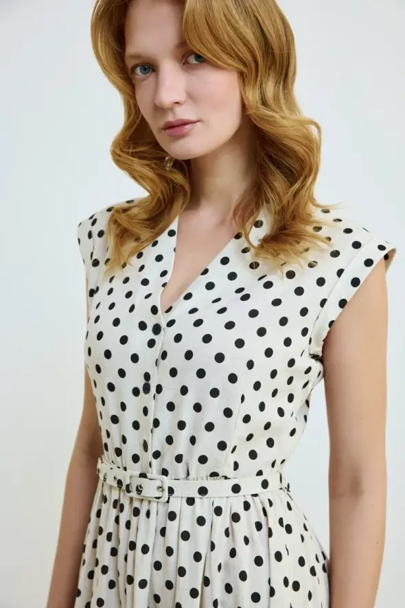Polka Dot Linen Belted Long A-Line Dress - Beige - 5