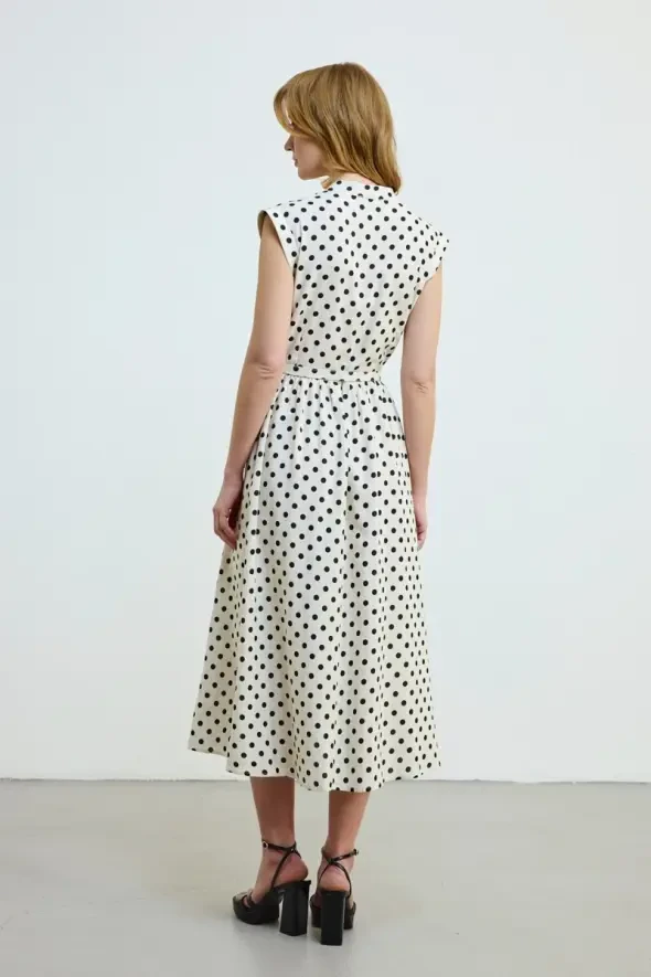 Polka Dot Linen Belted Long A-Line Dress - Beige - 6