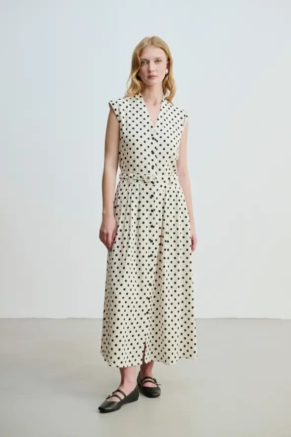 Polka Dot Linen Long Belted Skirt - Beige - 2