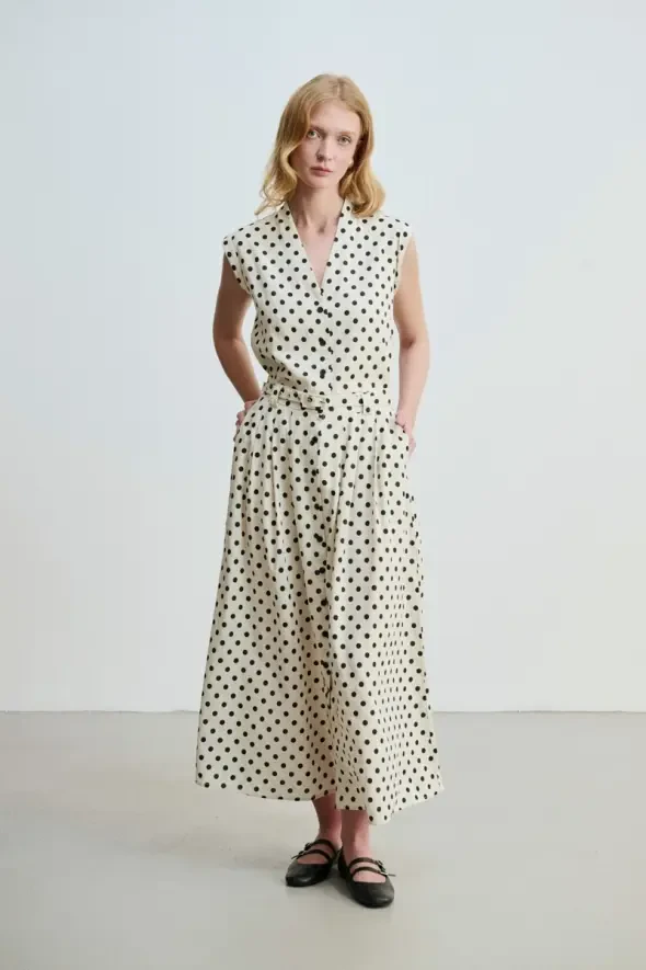 Polka Dot Linen Long Belted Skirt - Beige - 3