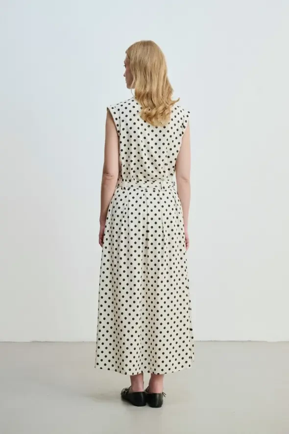 Polka Dot Linen Long Belted Skirt - Beige - 6