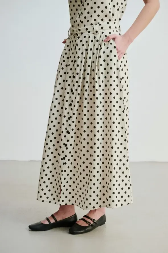 Polka Dot Linen Long Belted Skirt - Beige - 1