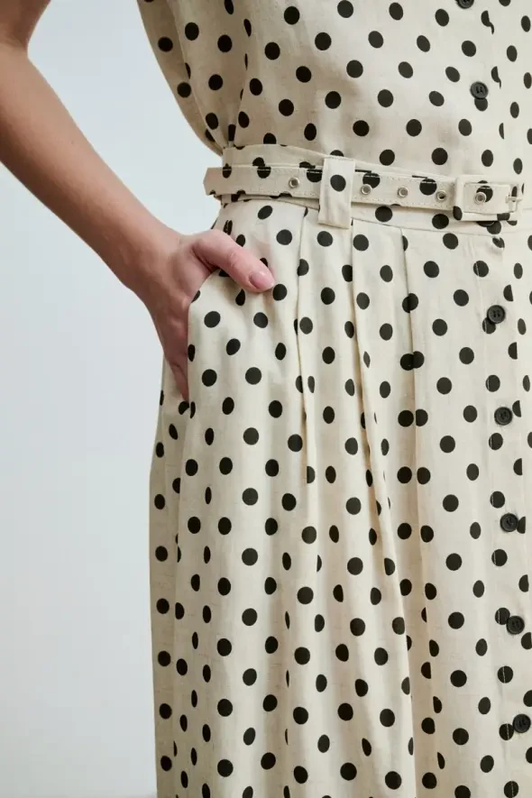 Polka Dot Linen Long Belted Skirt - Beige - 4