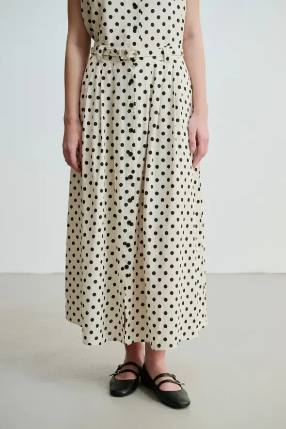 Polka Dot Linen Long Belted Skirt - Beige - 5