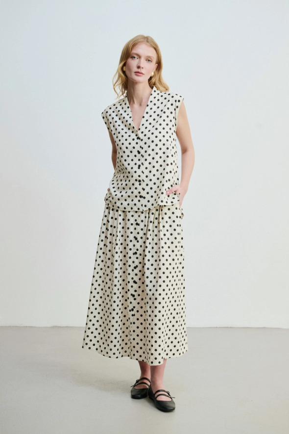 Polka Dot Linen V Neck Blouse - Beige - 2