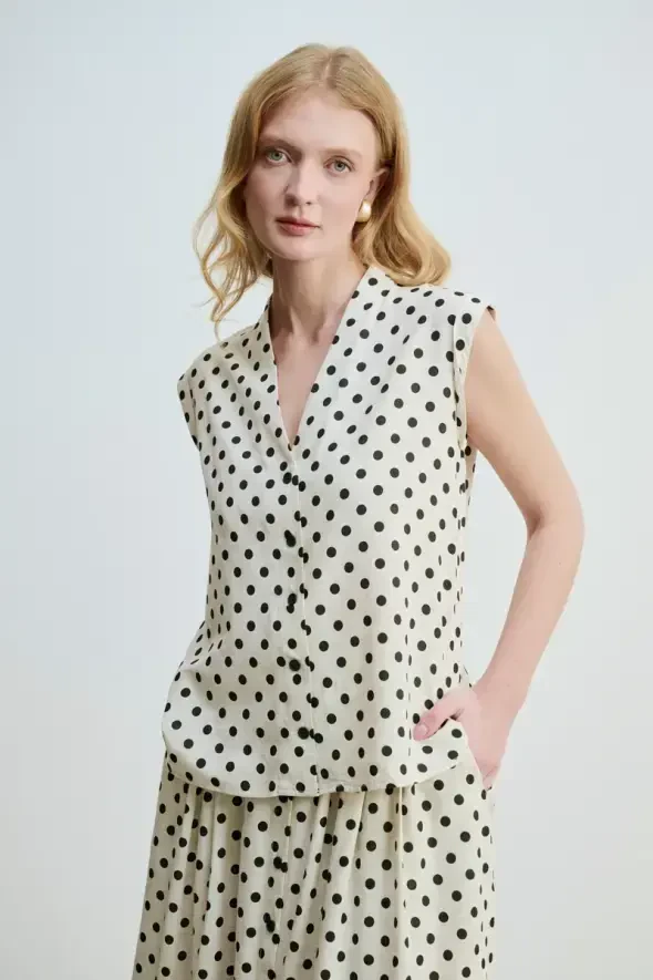 Polka Dot Linen V Neck Blouse - Beige - 1