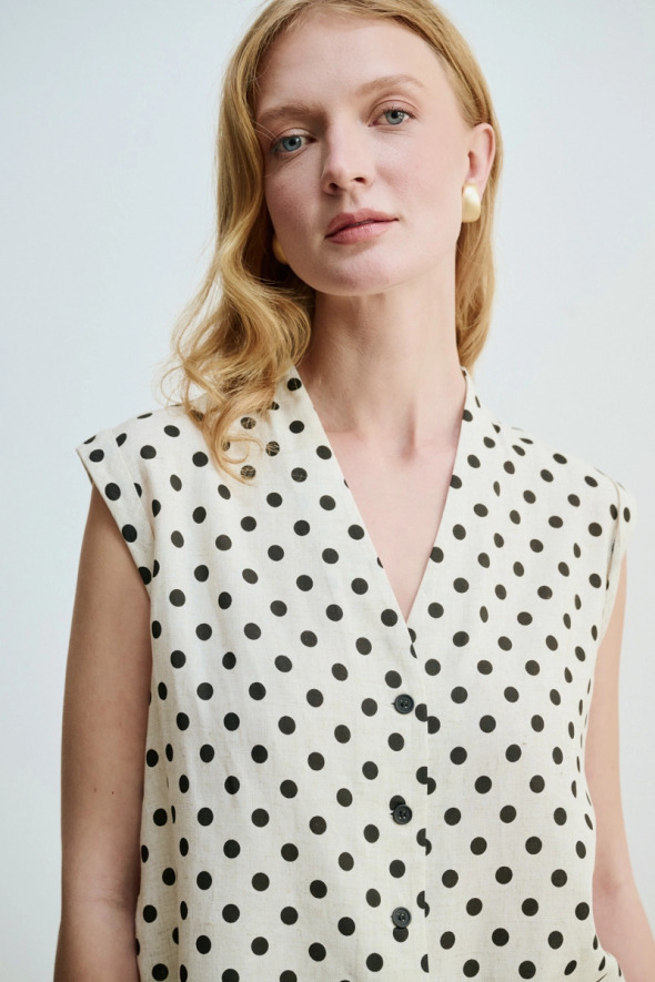 Polka Dot Linen V Neck Blouse - Beige - 3