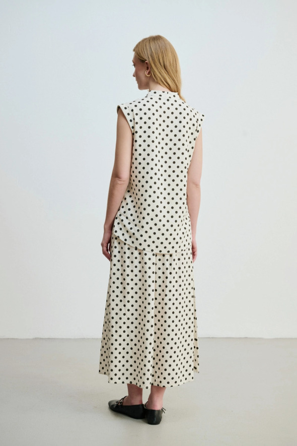 Polka Dot Linen V Neck Blouse - Beige - 4