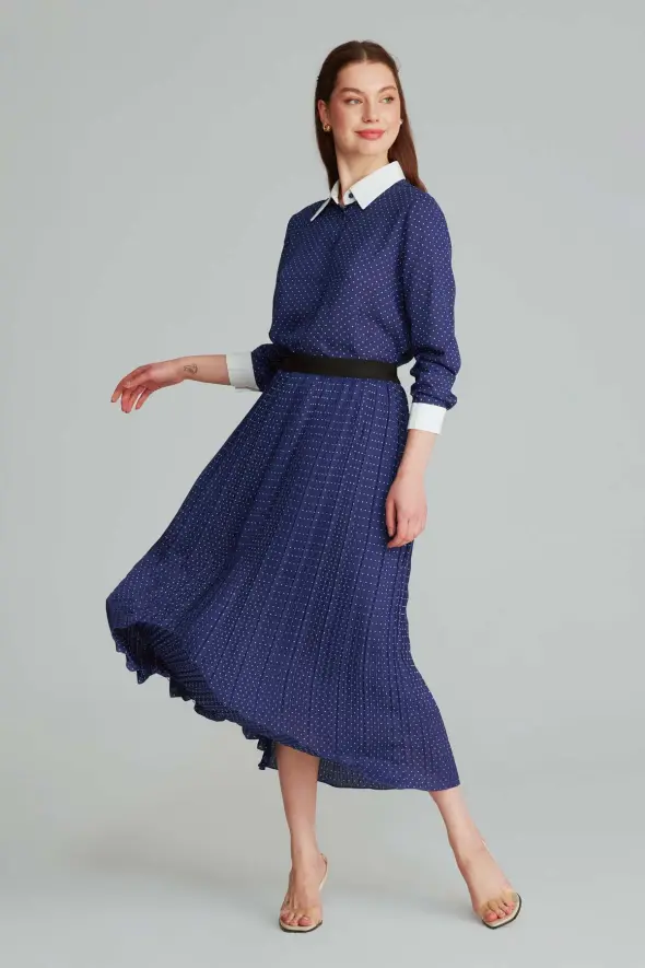Polka Dot Pleated Skirt - Navy Blue - 2