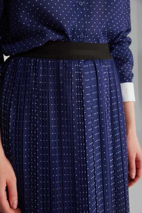 Polka Dot Pleated Skirt - Navy Blue - 5