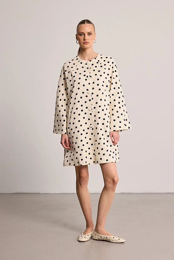 Polka Dot Satin Kaftan - Ecru - 1