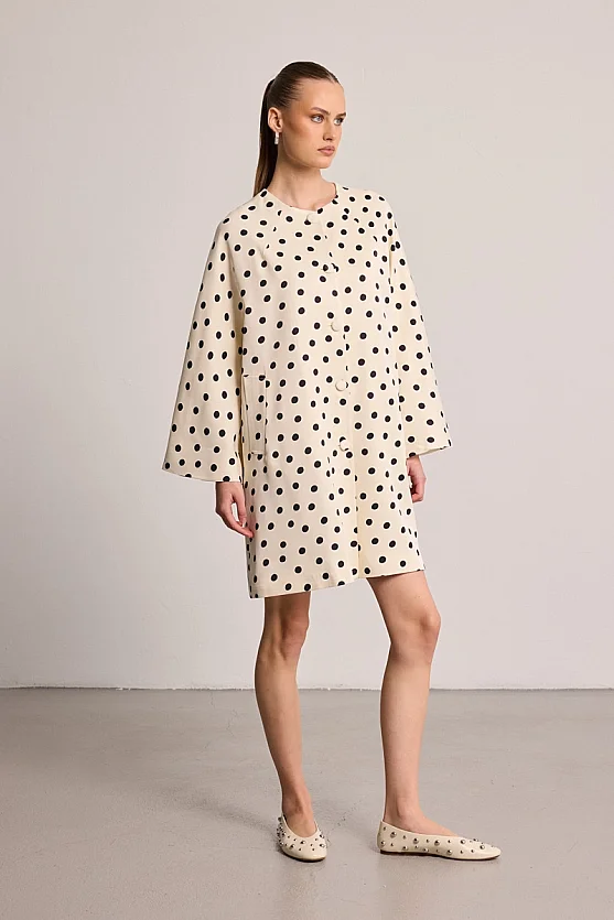 Polka Dot Satin Kaftan - Ecru - 3