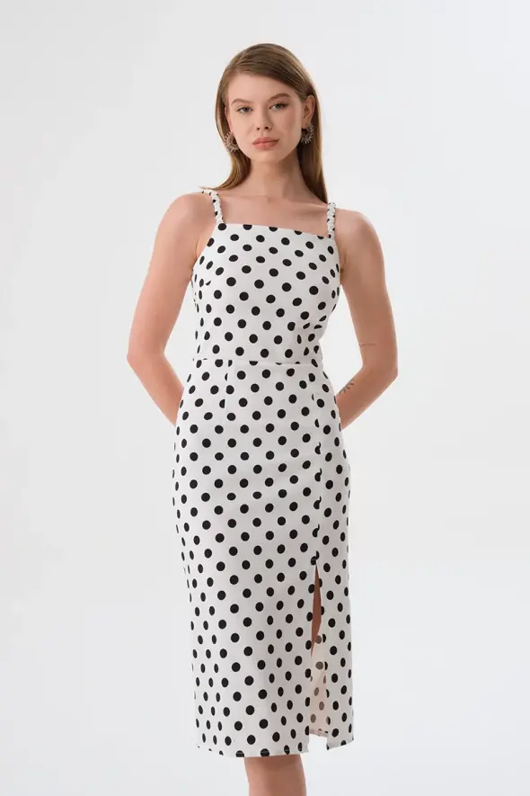 Polka Dot Strappy Lycra Dress - White - 2