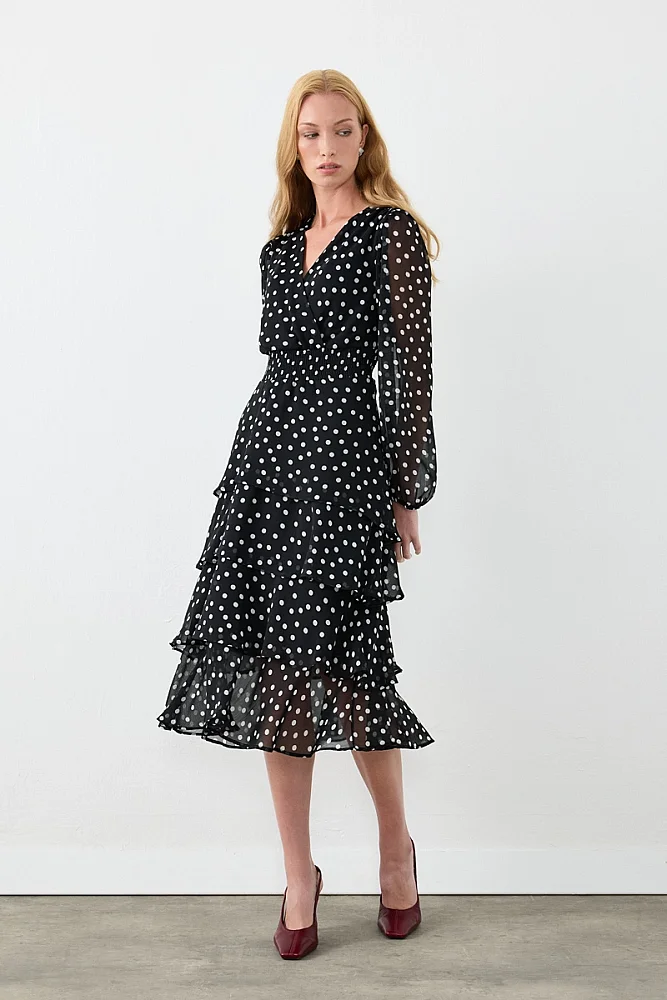Polka-Dot Tiered Midi Evening Dress - Black Black