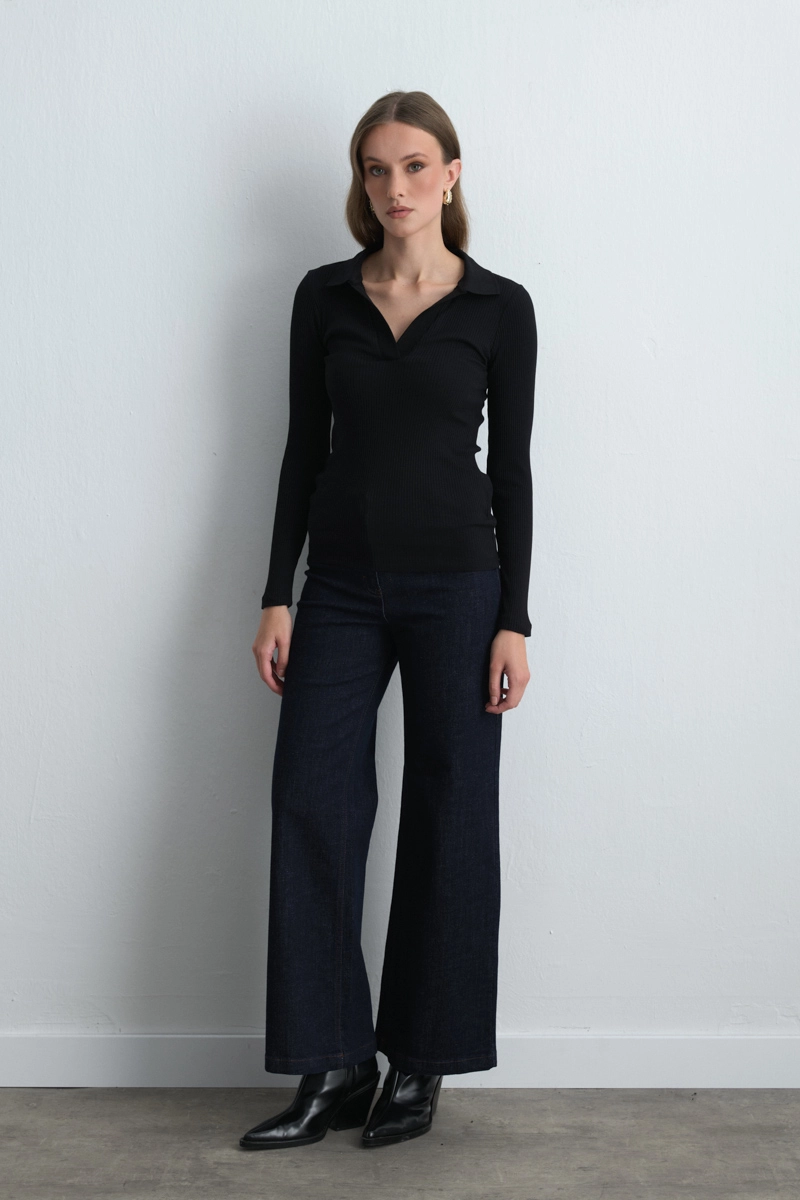 Polo Collar Cotton Knit Blouse - Black - Gusto