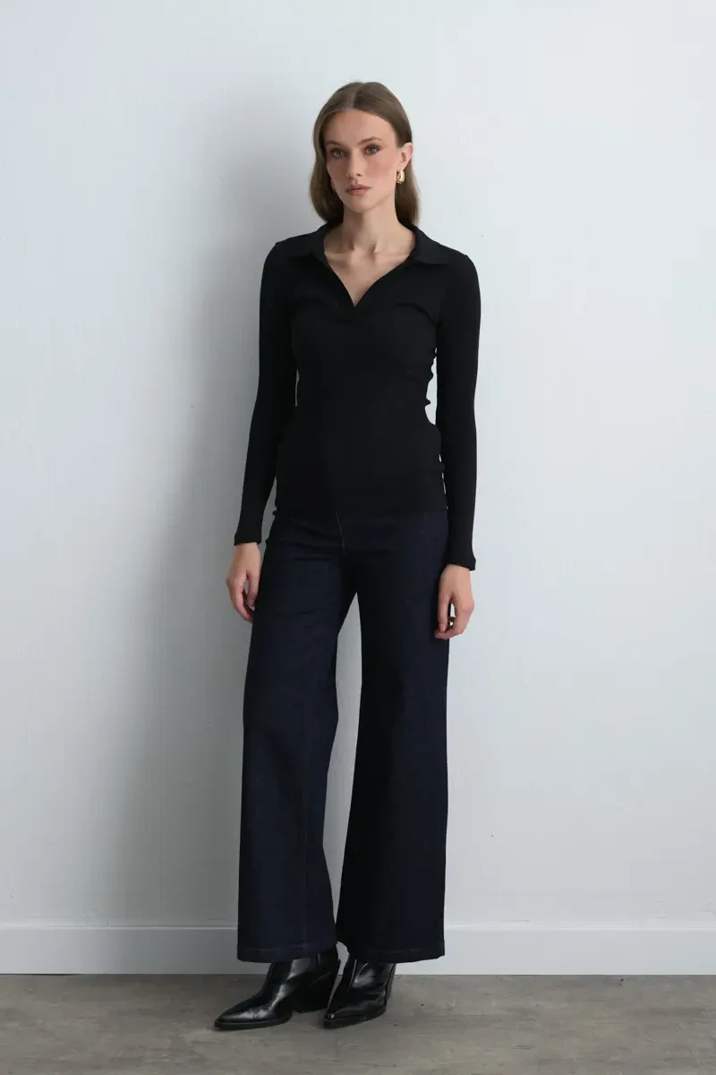 Polo Collar Cotton Knit Blouse - Black - 1