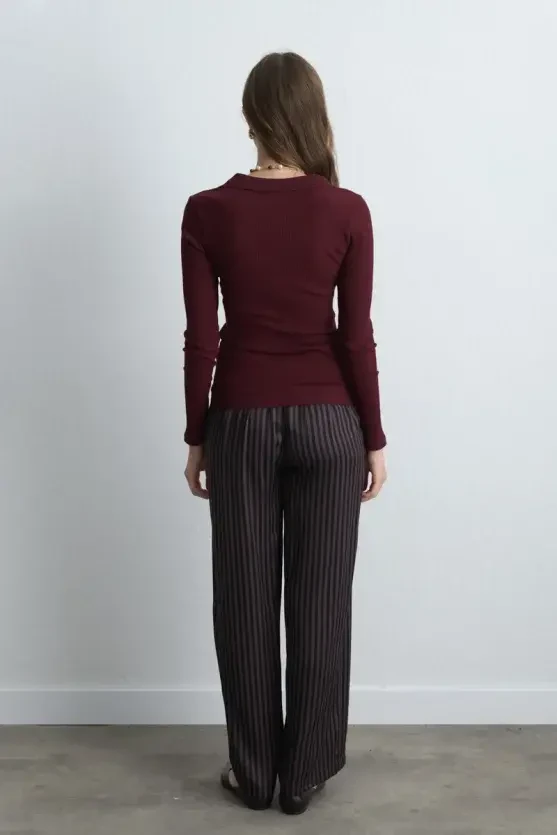 Polo Collar Cotton Knit Blouse - Burgundy - 5