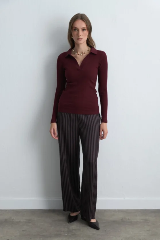 Polo Collar Cotton Knit Blouse Burgundy - 2