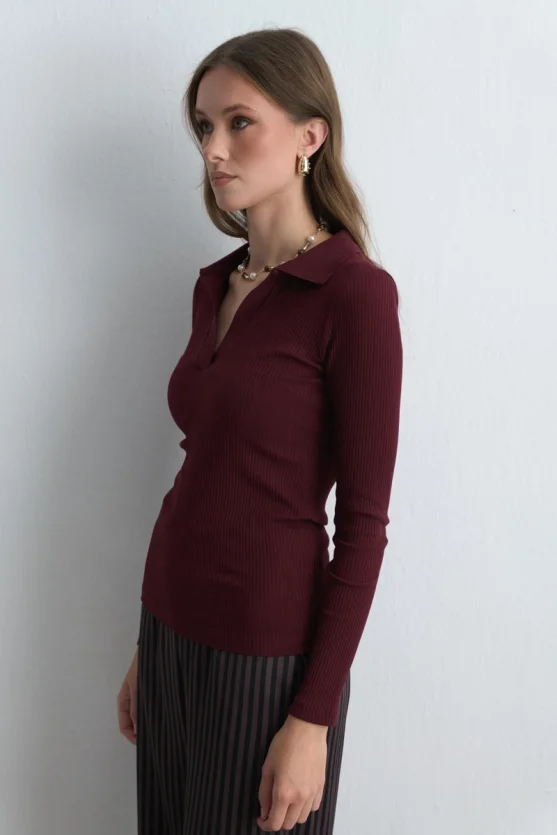 Polo Collar Cotton Knit Blouse Burgundy - Gusto