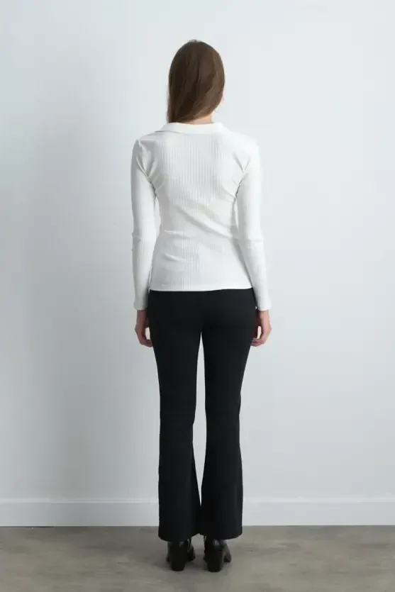 Polo Collar Cotton Knit Blouse - Ecru - 5