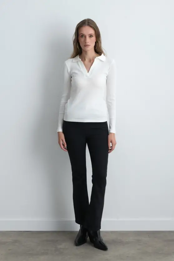 Polo Collar Cotton Knit Blouse Ecru - 2