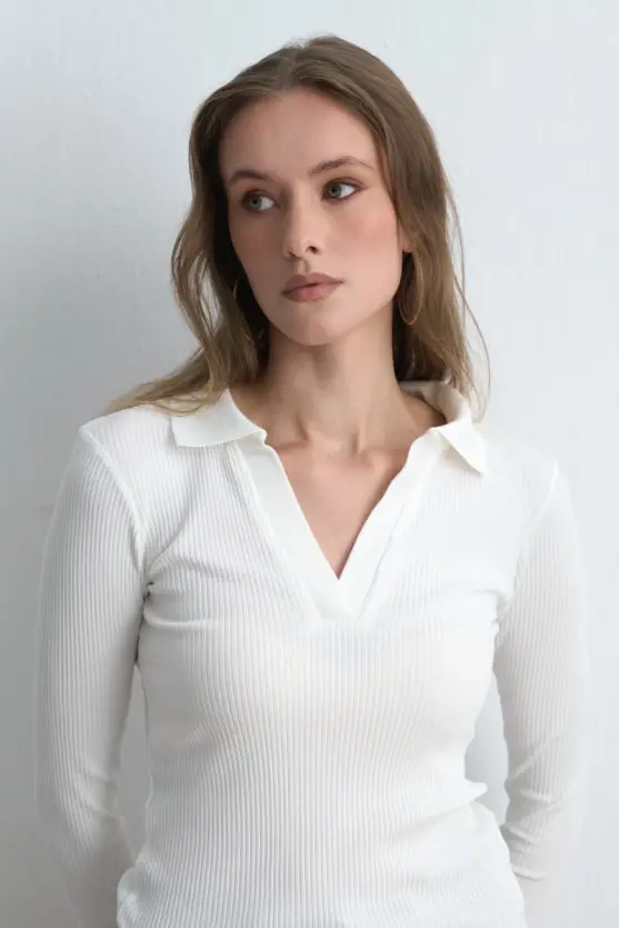 Polo Collar Cotton Knit Blouse Ecru - 3