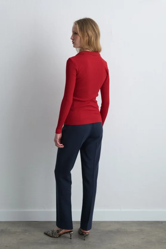 Polo Collar Cotton Knit Blouse - Red - Gusto