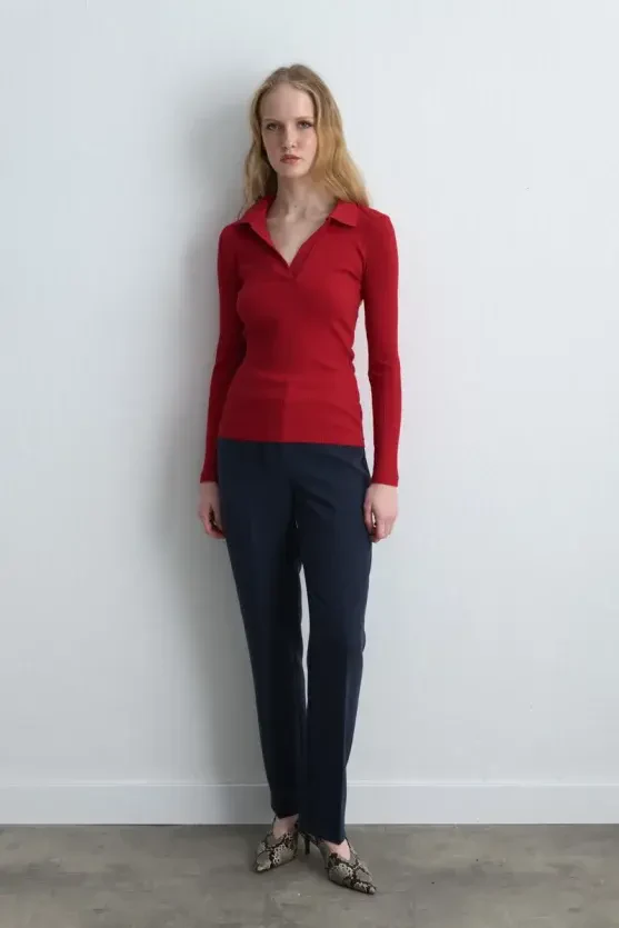 Polo Collar Cotton Knit Blouse - Red - 2
