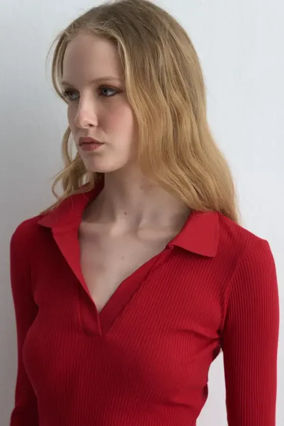 Polo Collar Cotton Knit Blouse - Red - Gusto