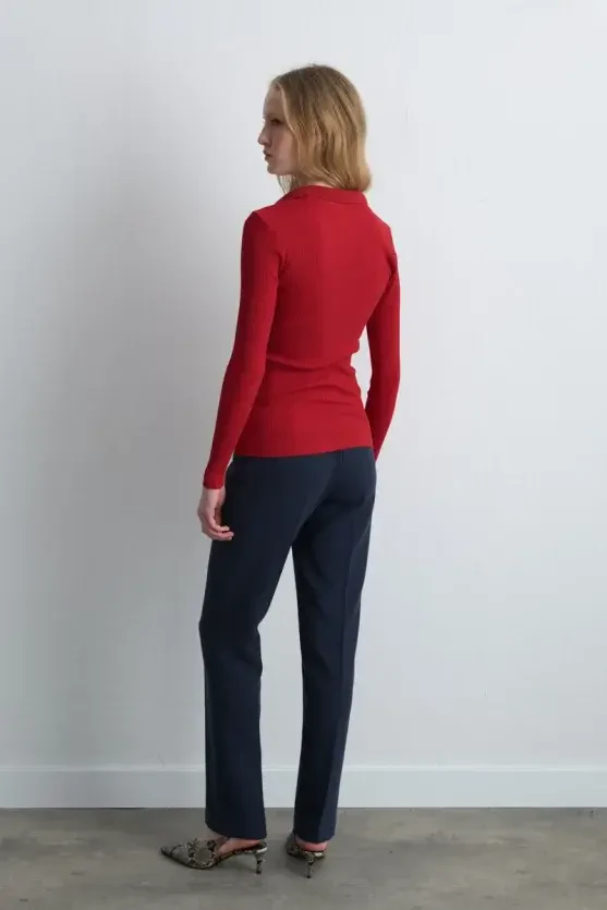 Polo Collar Cotton Knit Blouse - Red - 5