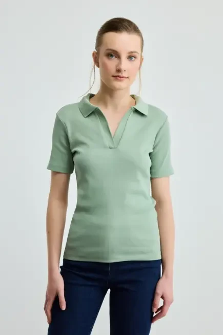 Polo Collar Cotton Ribbed T-Shirt - Green Green