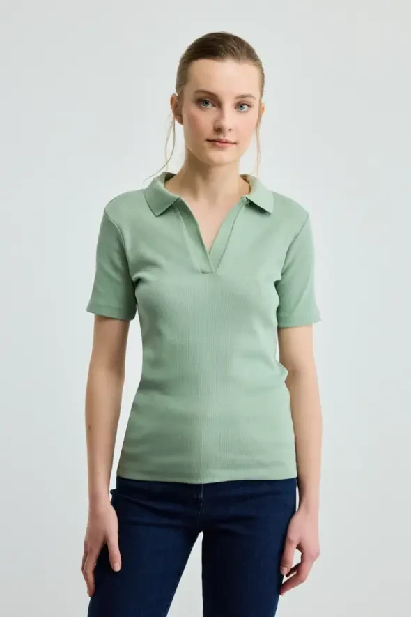 Polo Collar Cotton Ribbed T-Shirt - Green - 1