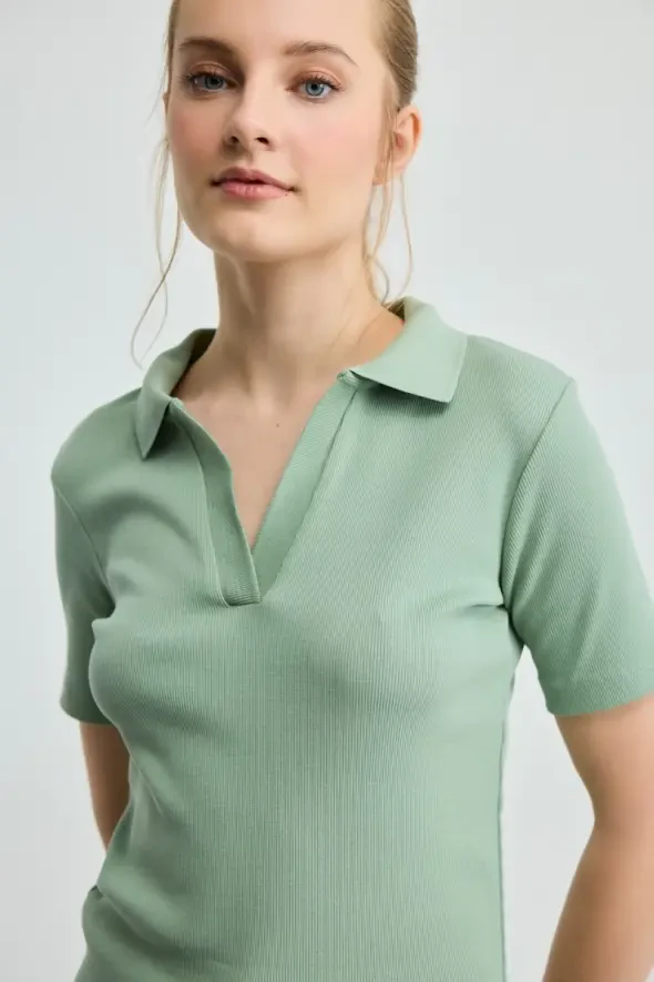 Polo Collar Cotton Ribbed T-Shirt - Green - 2