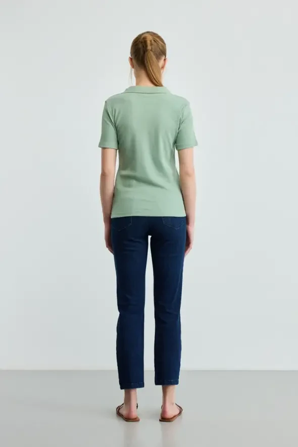 Polo Collar Cotton Ribbed T-Shirt - Green - 3